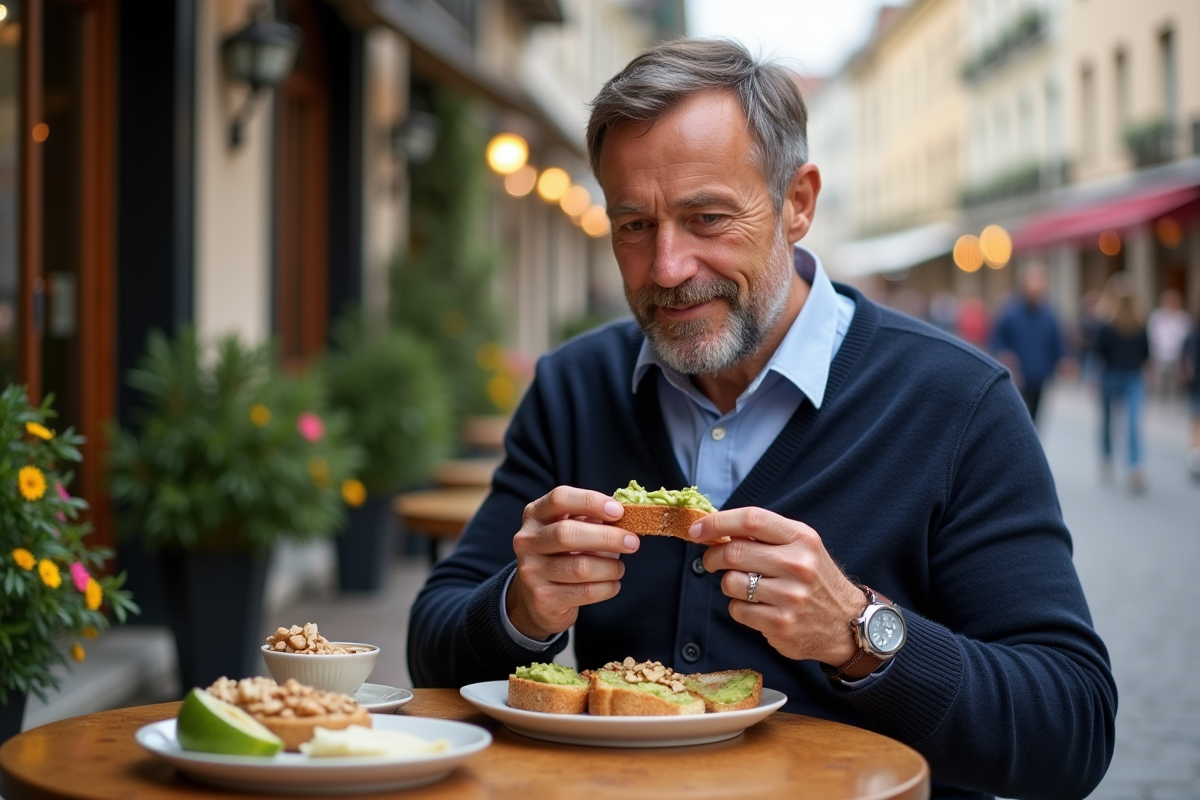 Homme dégustant une tartine à la terrasse d