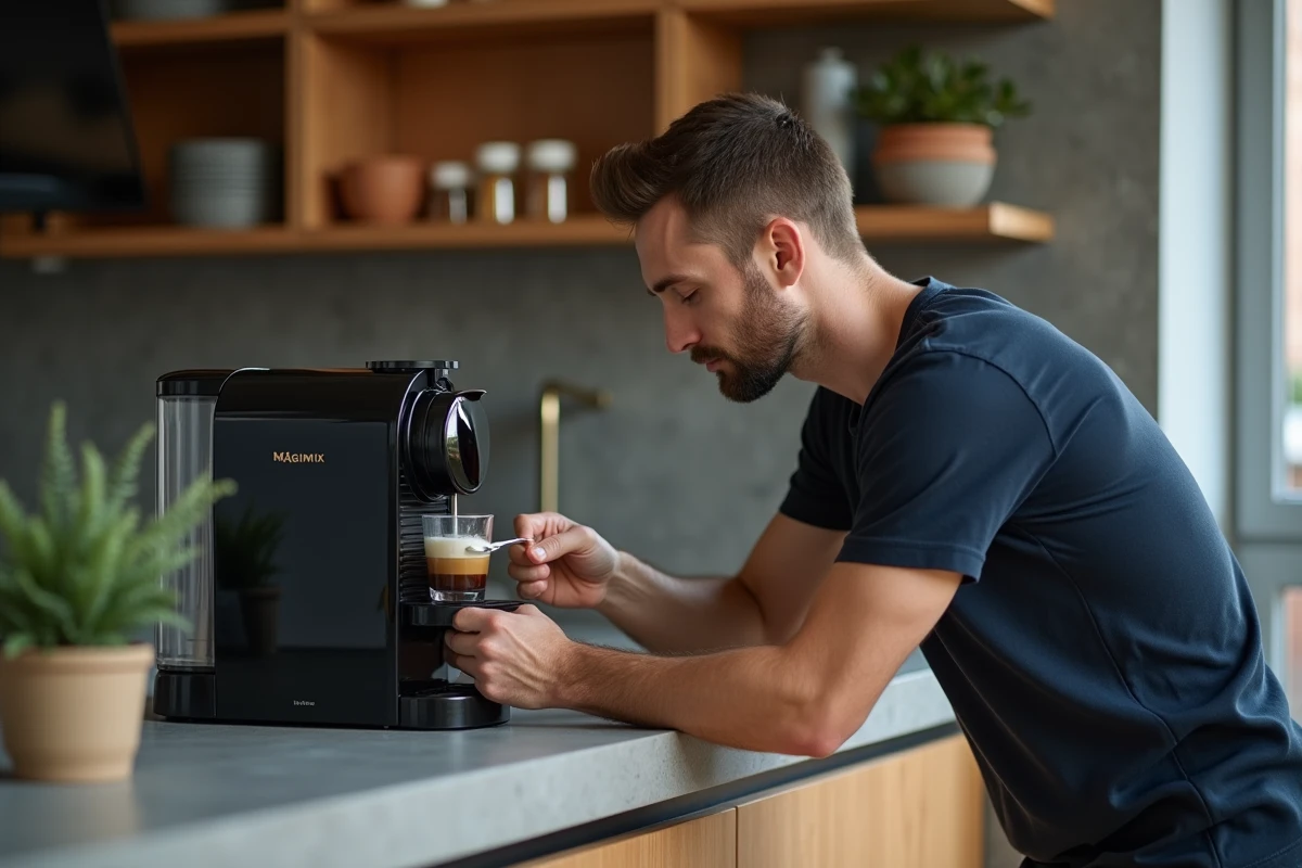 Homme inspectant le réservoir d'eau d'une machine Nespresso Magimix avant un détartrage maison avec de l'acide citrique