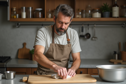 Homme appliquant de l'huile sur une planche en bois dans une cuisine chaleureuse