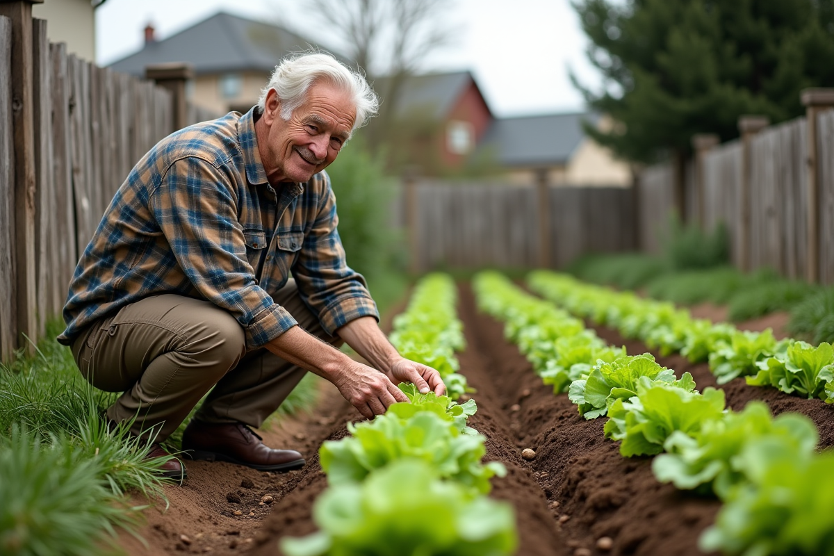 Homme âgé inspectant ses légumes dans un jardin bio