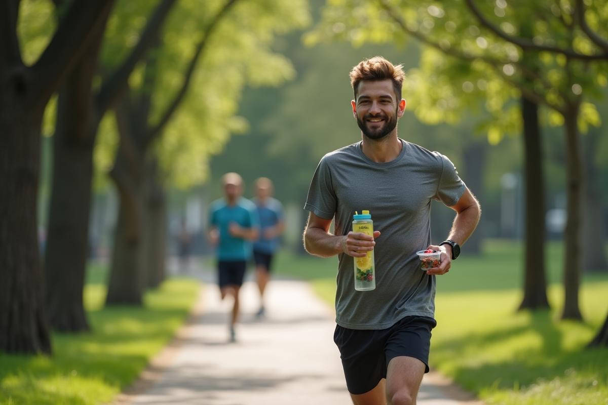 Jeune homme courant dans un parc avec bouteille d