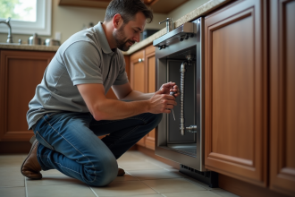 Homme inspectant un siphon de cuisine moderne