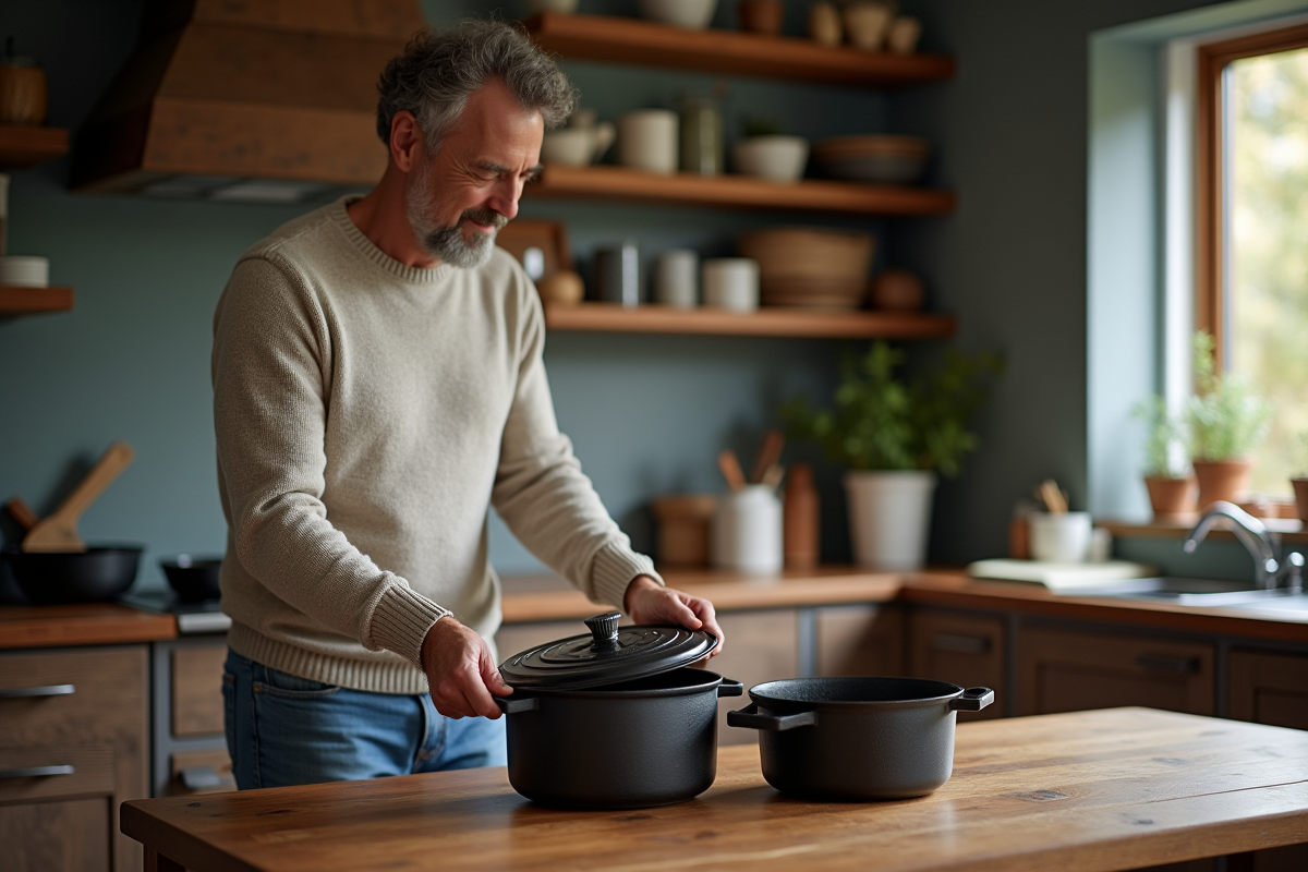 Homme soulevant un couvercle de cocotte en fonte dans la salle à manger