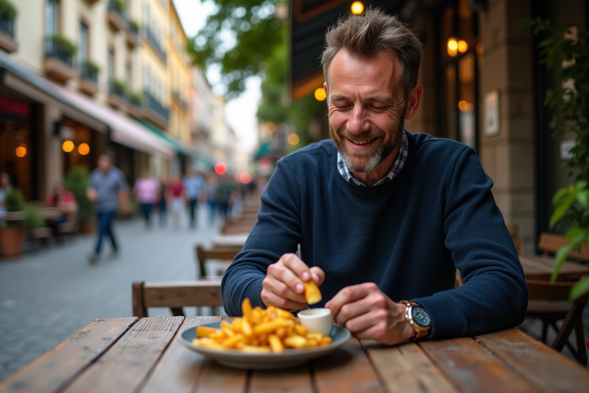 Homme dégustant des frites vegan dans un café en ville