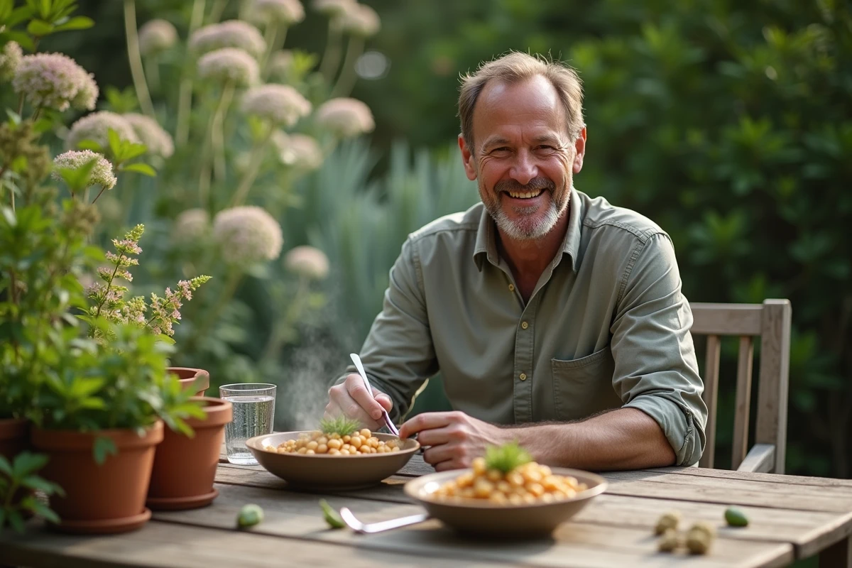 Homme souriant dégustant un bol de pois chiches en extérieur