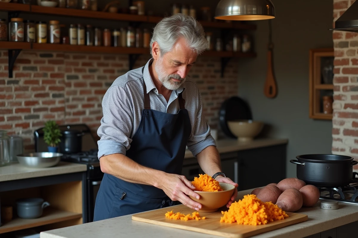 Homme écrasant des patates pour une purée maison