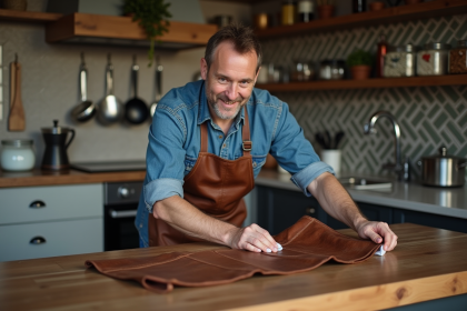 Homme d'âge moyen nettoyant un tablier en cuir dans la cuisine