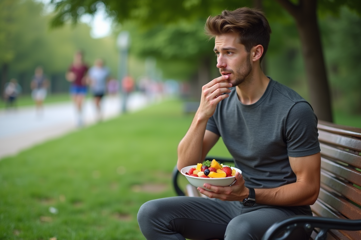 Jeune homme dégustant une salade de fruits en plein air