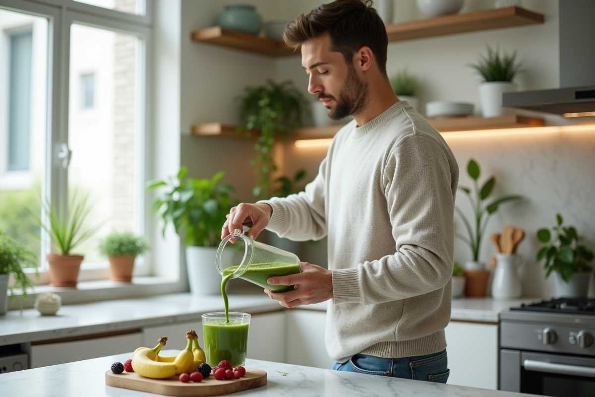 Homme préparant un smoothie aux épinards dans une cuisine moderne