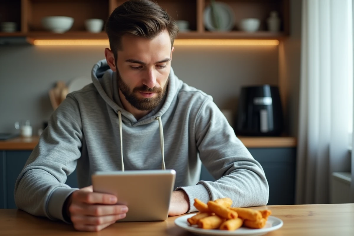 Homme consultant une recette PDF sur tablette à côté d'une assiette de plats surgelés cuits à la friteuse Ninja air fryer