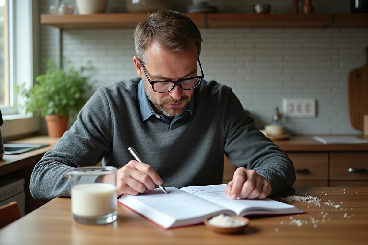 Homme examine une recette et un tableau de conversion à la table