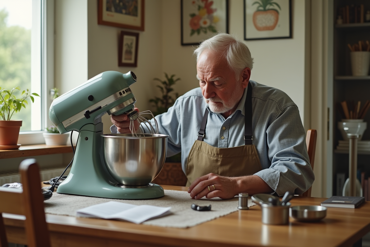 Homme âgé examine un mixeur ancien avec soin à la maison