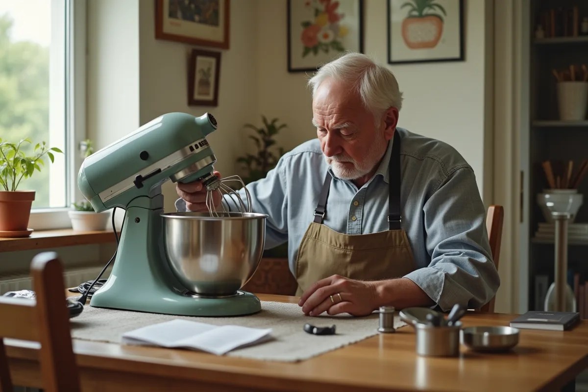 Homme âgé examine un mixeur ancien avec soin à la maison