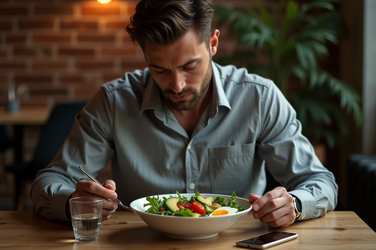 Homme mangeant un repas sain et équilibré le soir à la maison après le travail pour éviter le grignotage