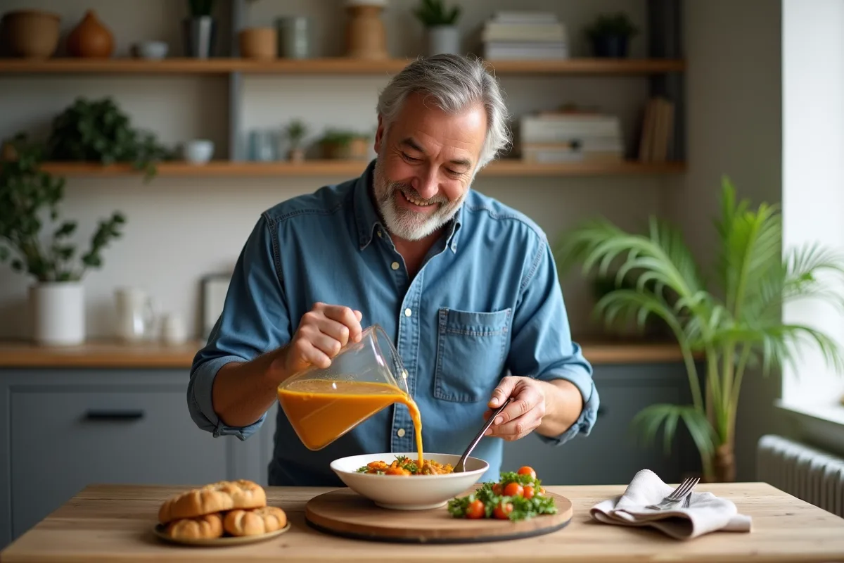 Homme versant une soupe de légumes dans un bol en cuisine