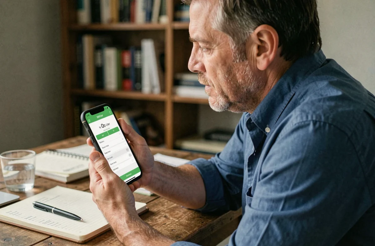 Homme consultant un convertisseur millilitres en litres sur son smartphone au bureau