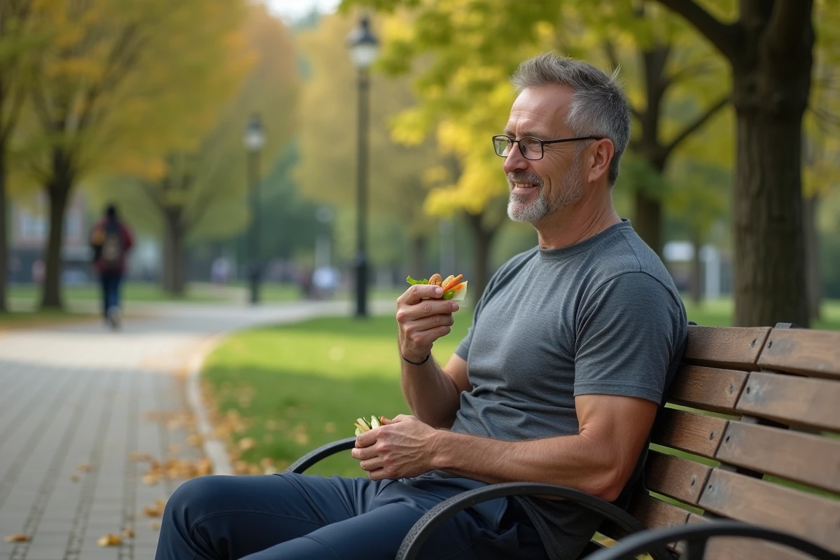 Homme en plein air dégustant des amandes et légumes