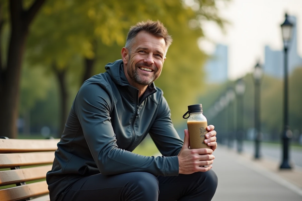 Homme sportif en pause dans un parc urbain avec bouteille d