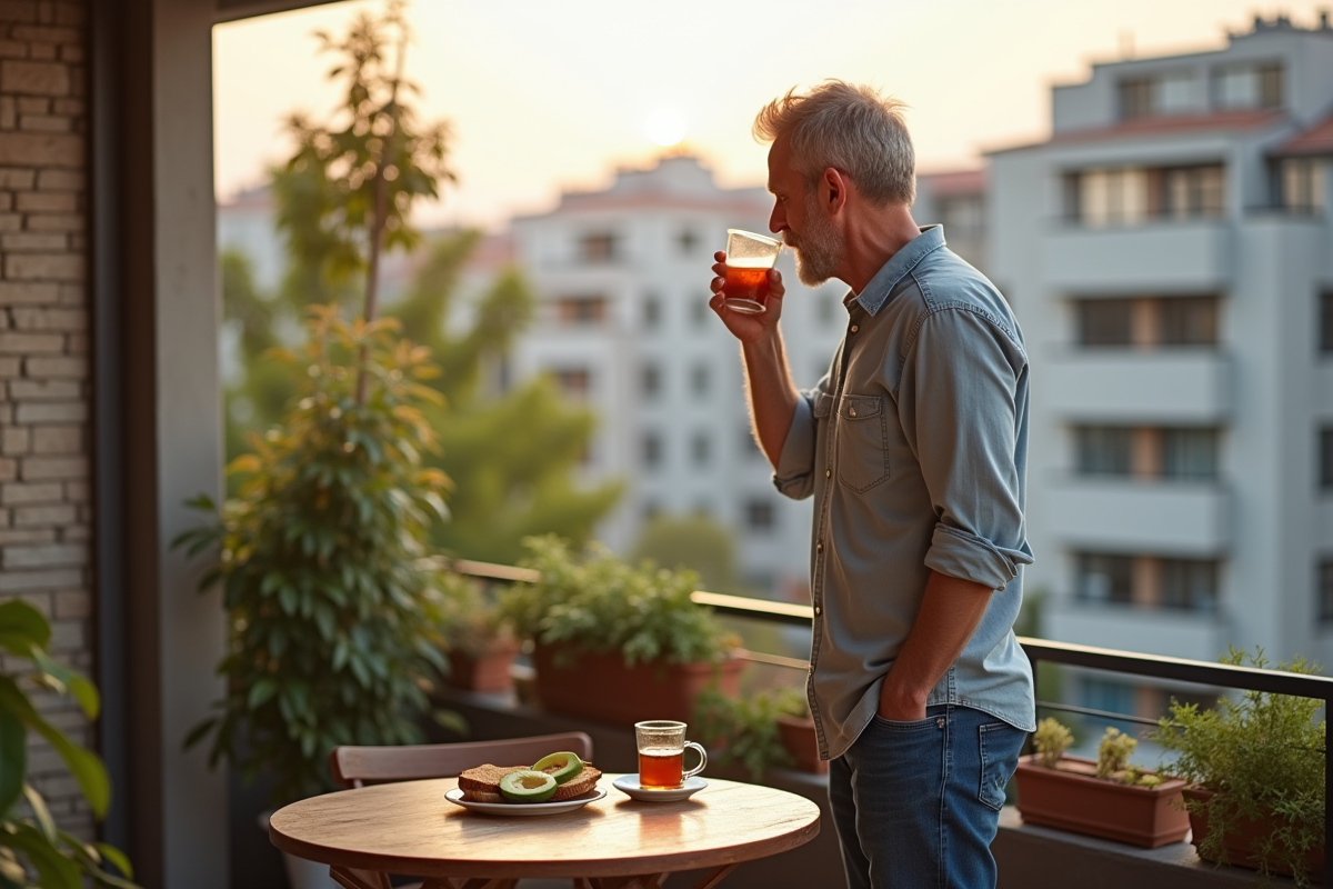 Homme buvant une tisane sur un balcon avec vue urbaine matinale