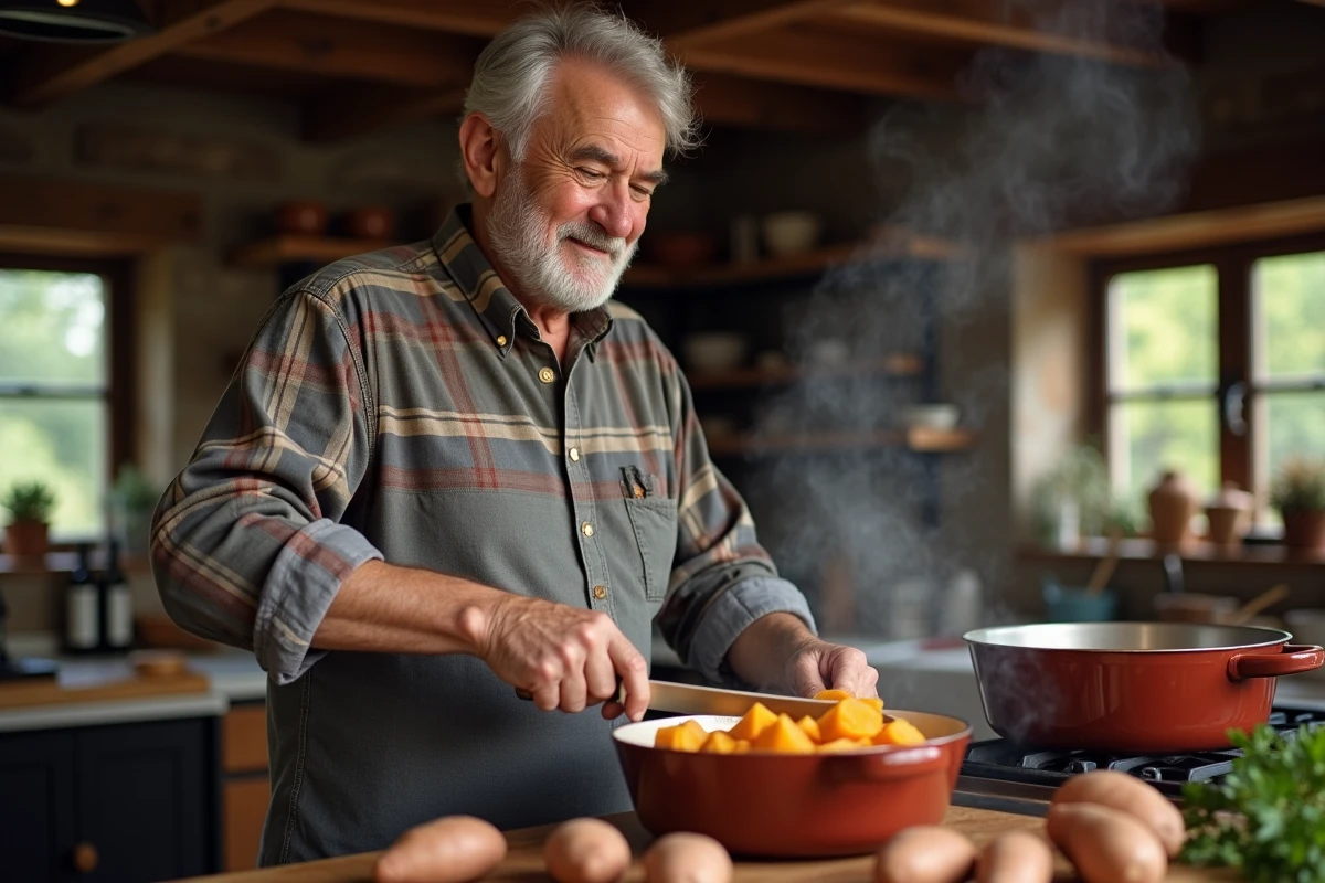 Homme âgé coupant une patate douce sur la cuisiniere