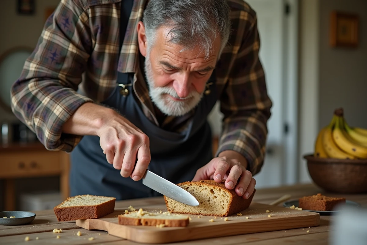 Homme âgé tranchant pain banane dans la cuisine