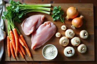 Ingrédients frais pour une blanquette de veau disposés en flat-lay sur un comptoir en bois rustique