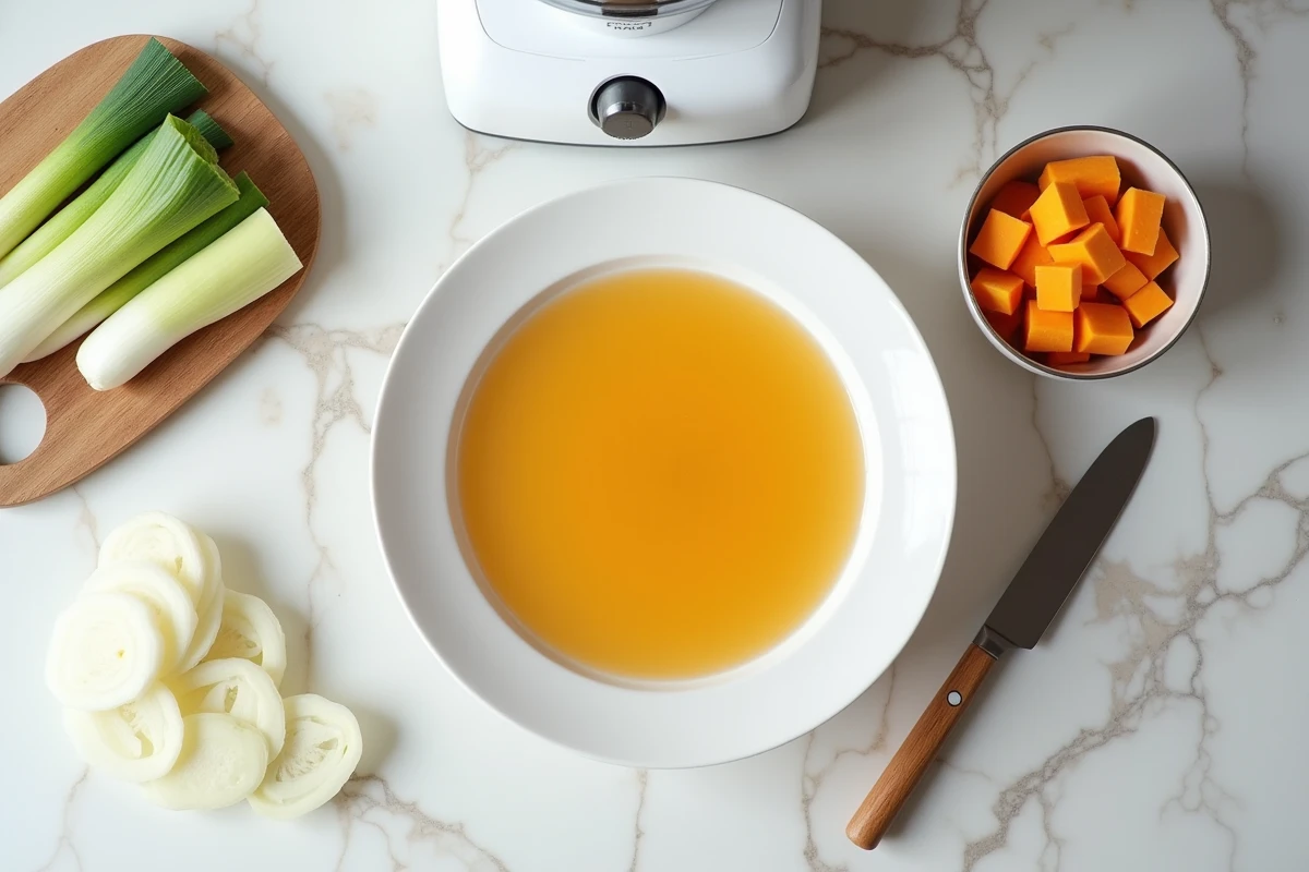 Ingrédients pour soupe poireau potimarron au robot : poireaux coupés, courge et bouillon sur plan de travail en marbre