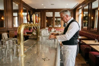 Intérieur d'une brasserie parisienne traditionnelle avec comptoir en zinc, tireuses à bière et décor en boiseries sombres