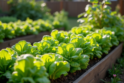 Petit jardin urbain avec lits surélevés de légumes verts