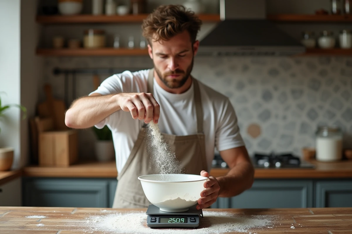 Jeune boulanger versant farine dans un bol en cuisine