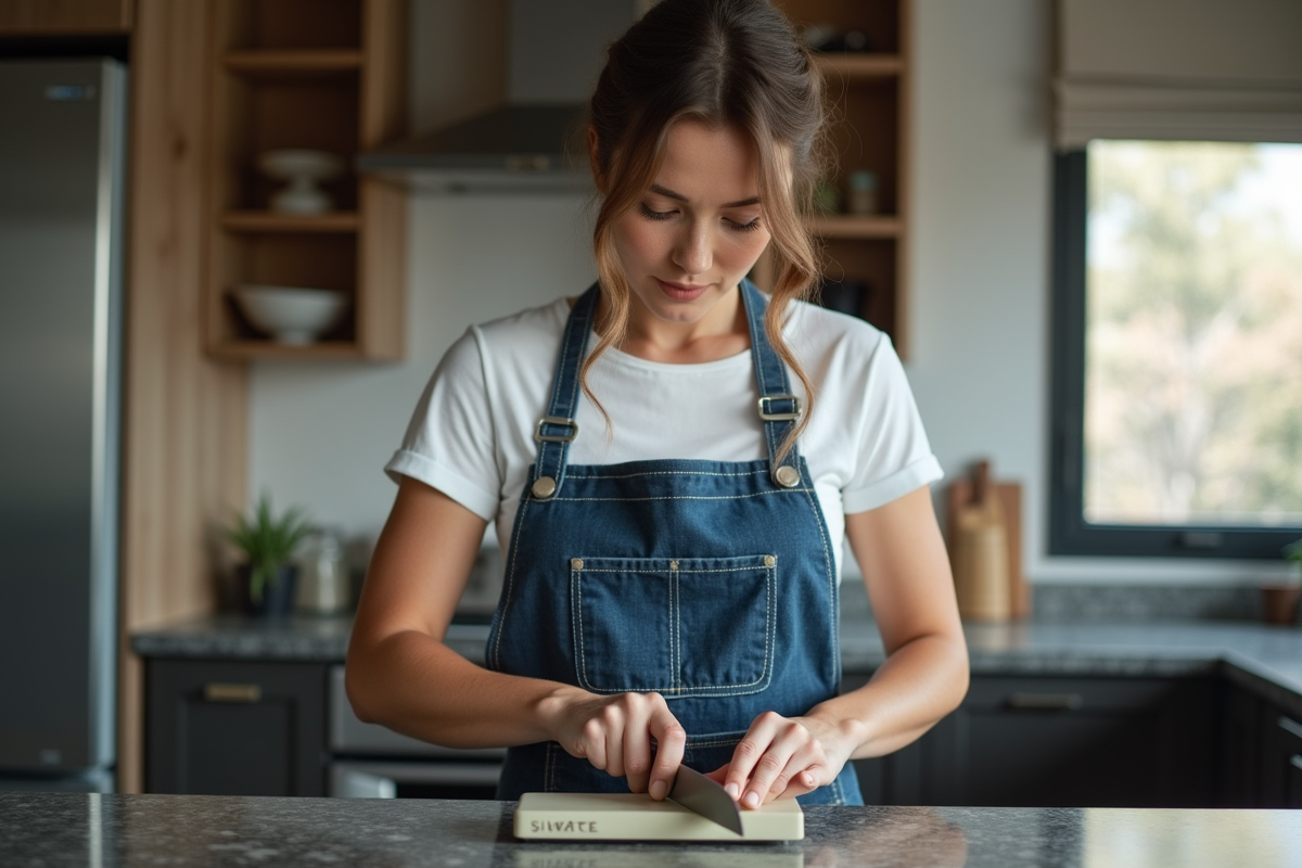 Femme jeune affilant un couteau sur une pierre dans une cuisine moderne