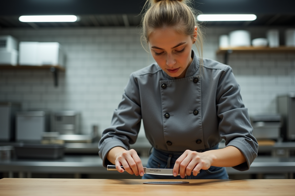 Jeune femme étudie couteaux dans cuisine professionnelle