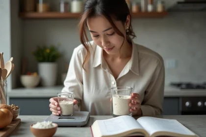 Jeune femme en cuisine mesurant une poudre fine avec balance