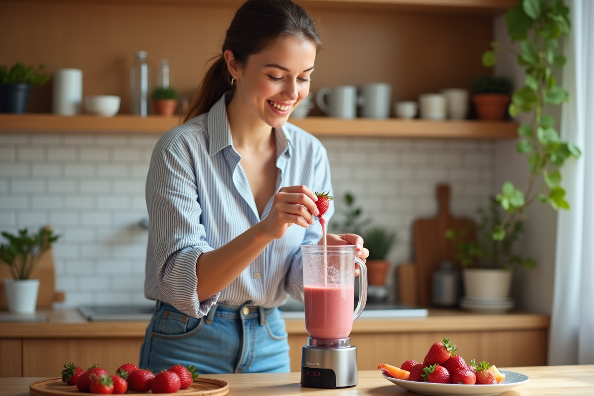 Jeune femme préparant un smoothie aux fraises