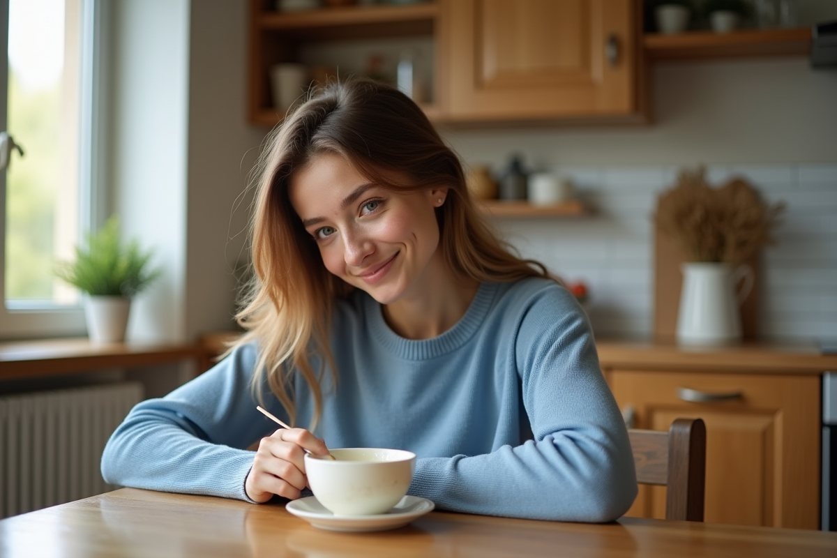 Jeune femme dégustant un yaourt dans la cuisine