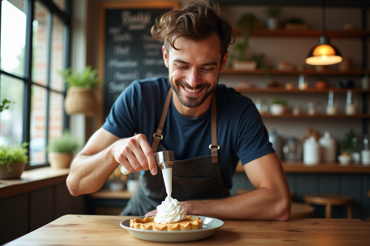 Jeune homme versant de la chantilly sur une tarte en cafe