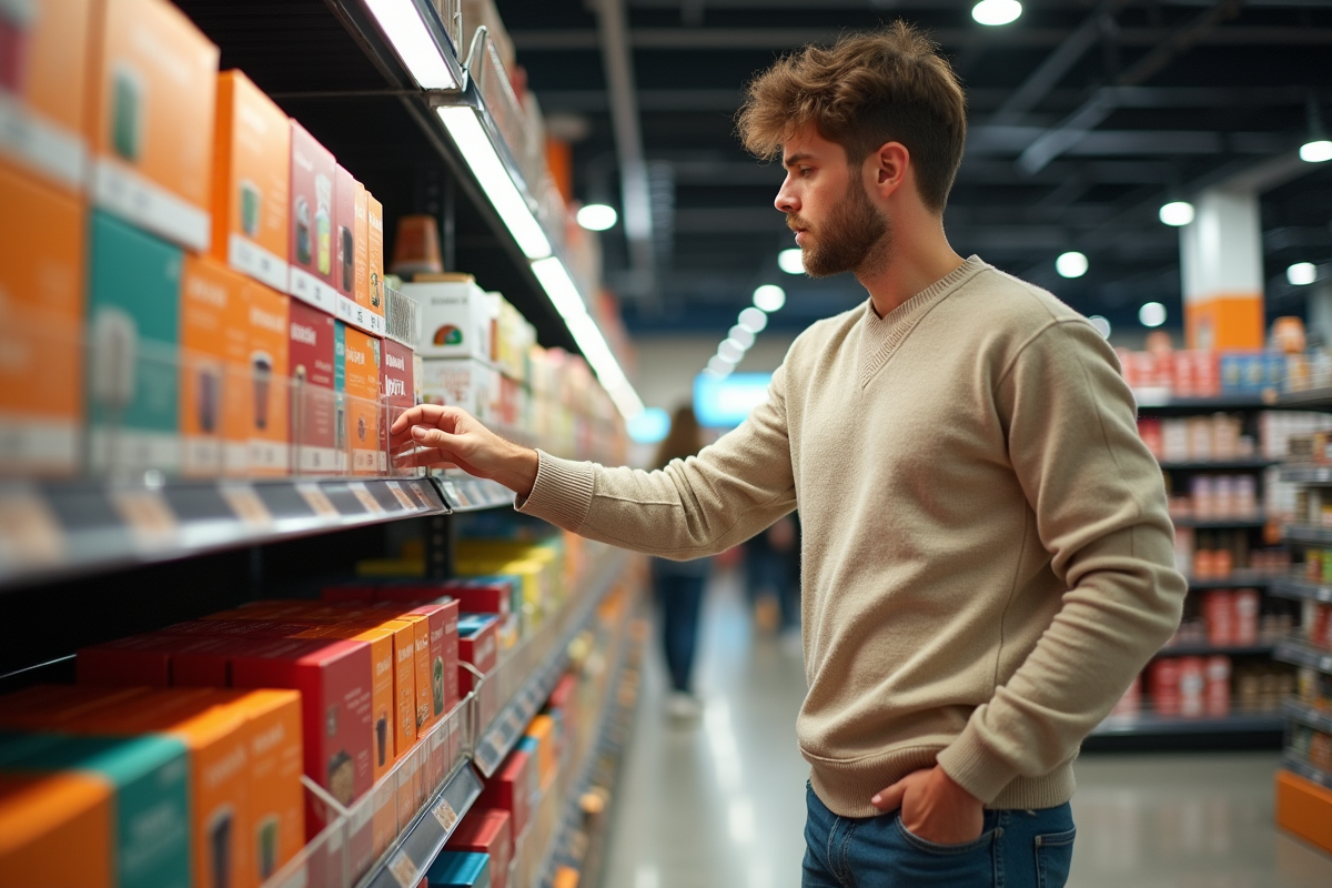 Jeune homme choisissant des capsules de café en supermarche
