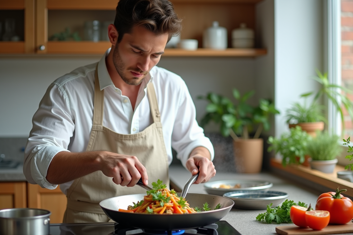 Jeune homme prépare stirfry de légumes dans une poêle en inox