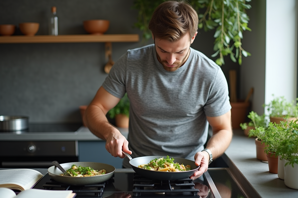 Jeune homme en cuisine moderne préparant des endives sautées