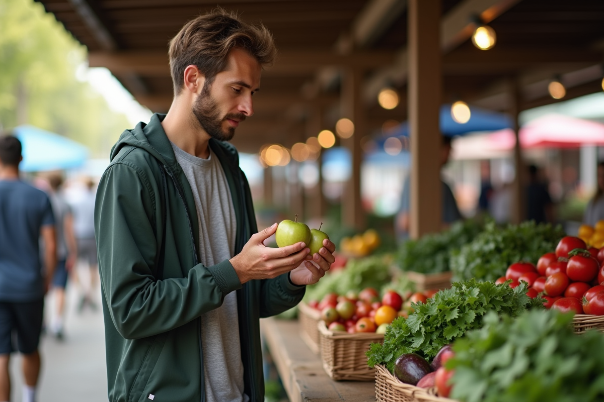 Jeune homme au marché comparant une pomme et des légumes verts