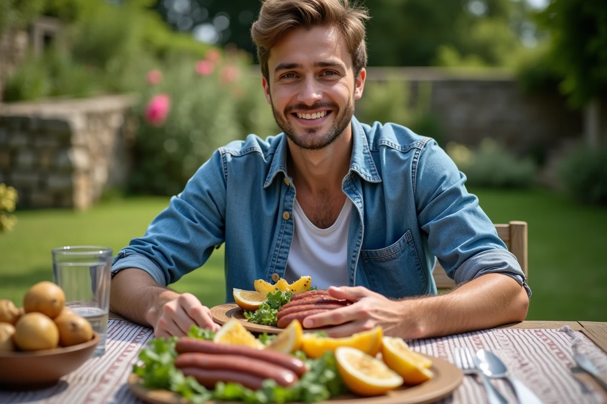 Jeune homme dégustant un pique-nique avec boudin noir en extérieur