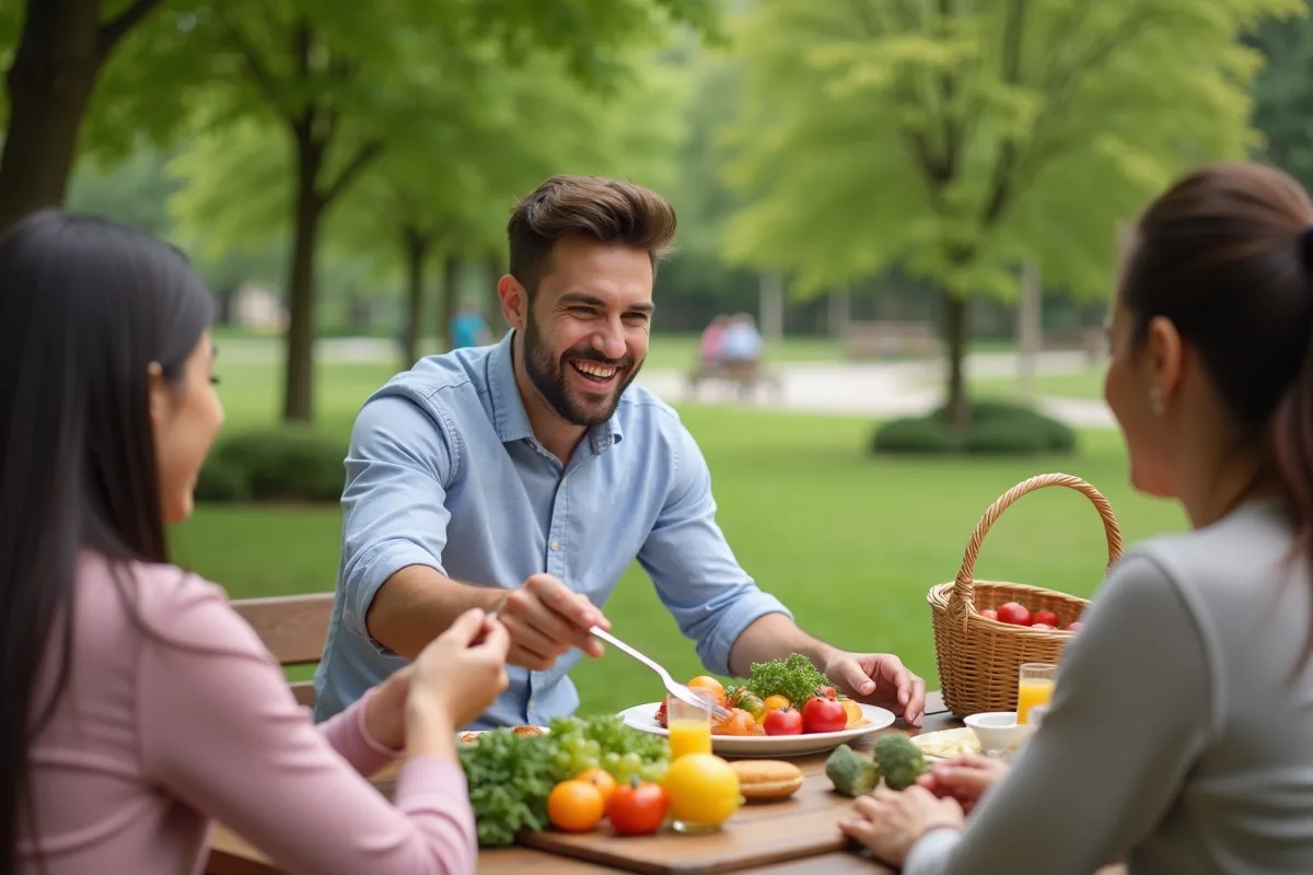 Jeune homme partageant un pique-nique avec des amis dans un parc