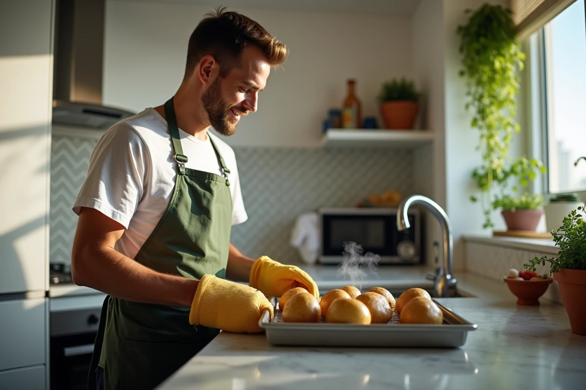 Jeune homme sortant des pommes de terre cuites du four