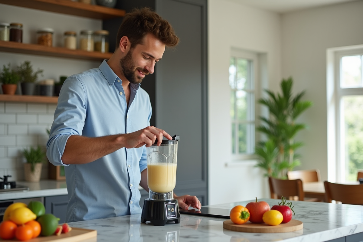 Jeune homme préparant un smoothie avec un blender classique dans la cuisine