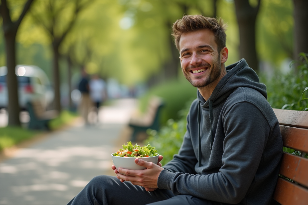 Jeune homme mangeant une salade dans un parc