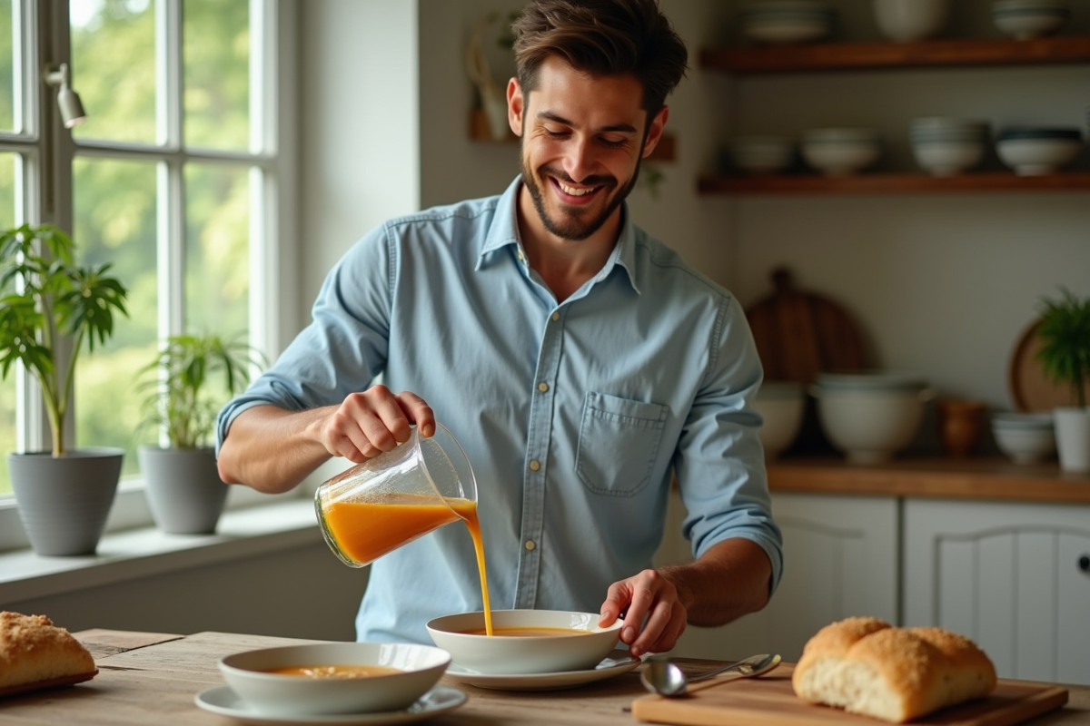 Jeune homme versant soupe de légumes dans un bol en porcelaine