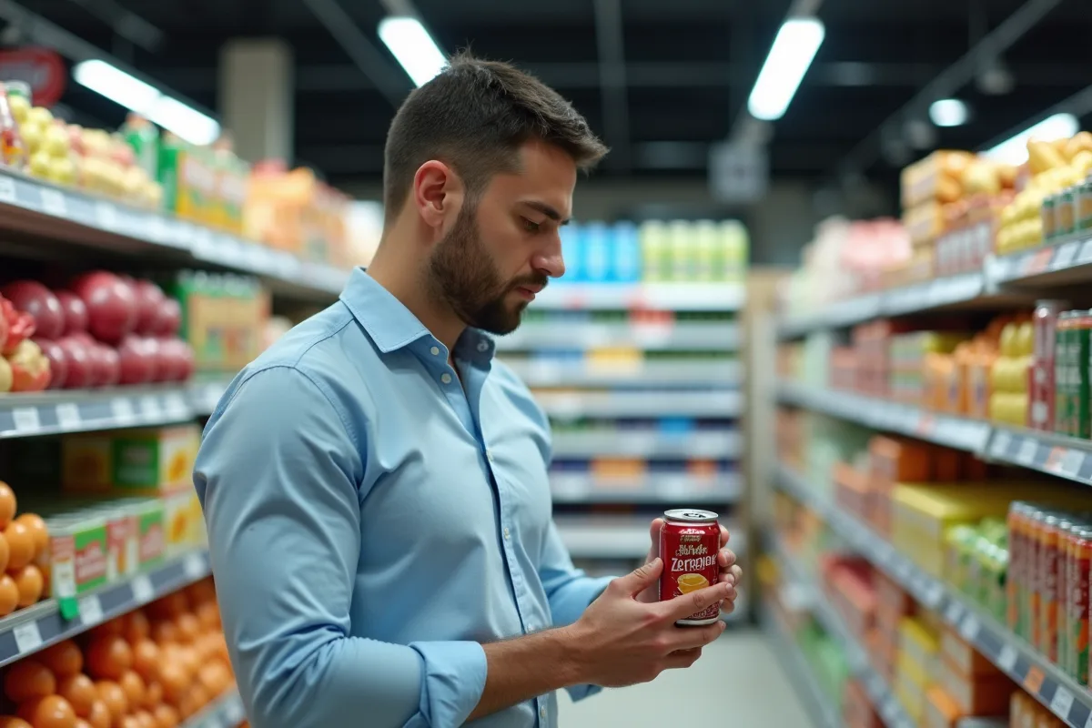 Jeune homme lisant l étiquette d une boisson zéro calorie en supermarché