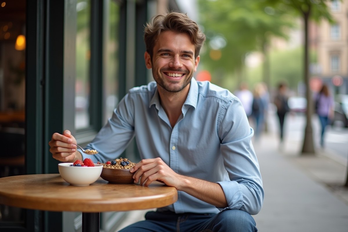 Jeune homme dégustant un bol de yogourt en terrasse de café