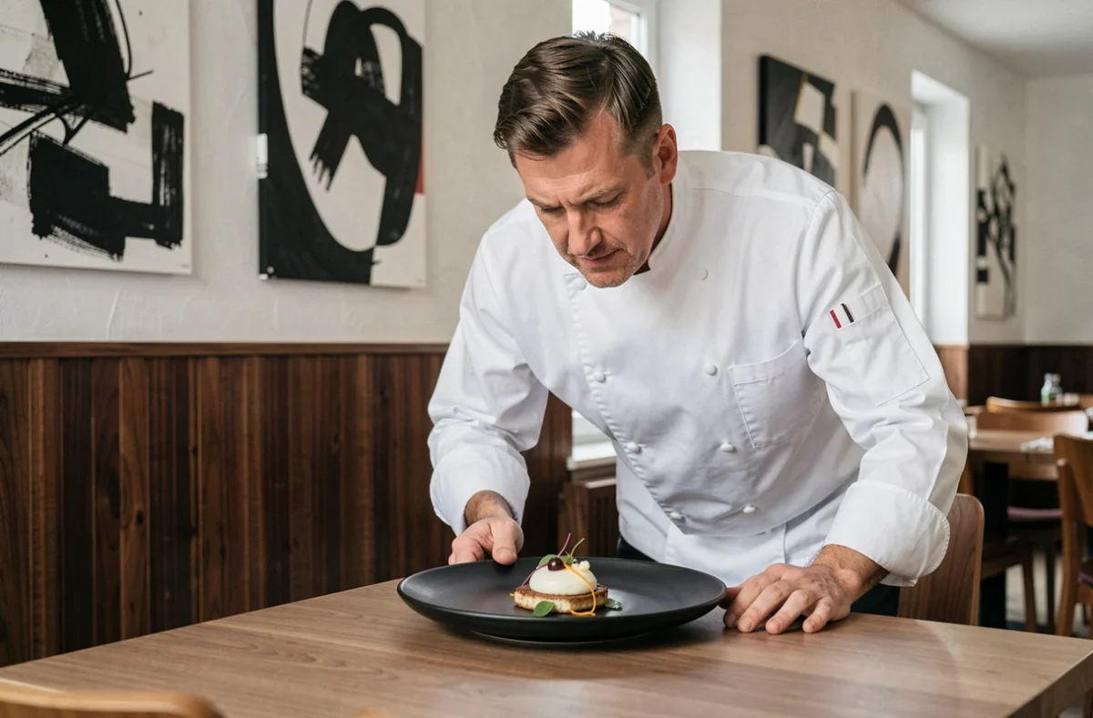 Intérieur contemporain du restaurant JY'S à Colmar avec chef inspectant une assiette créative, salle épurée aux boiseries sombres et œuvres d'art abstraites