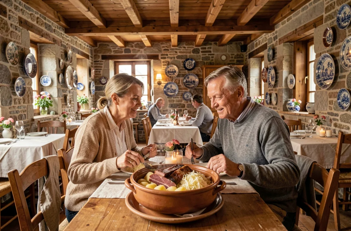 Couple savourant une choucroute garnie traditionnelle dans la salle rustique à poutres apparentes de La Nouvelle Auberge à Wihr-au-Val